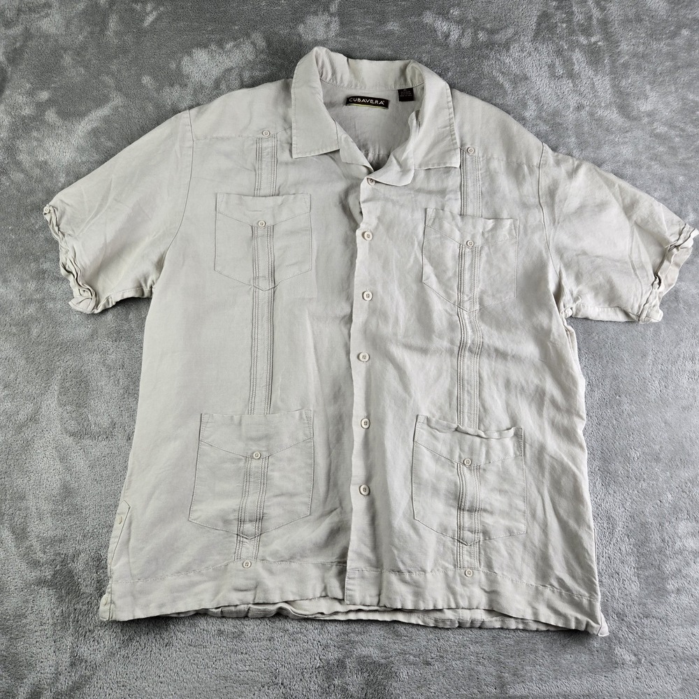 Cubavera Shirt XL Beige Ramie Blend Guayabera Short Sleeve Retro Rockabilly